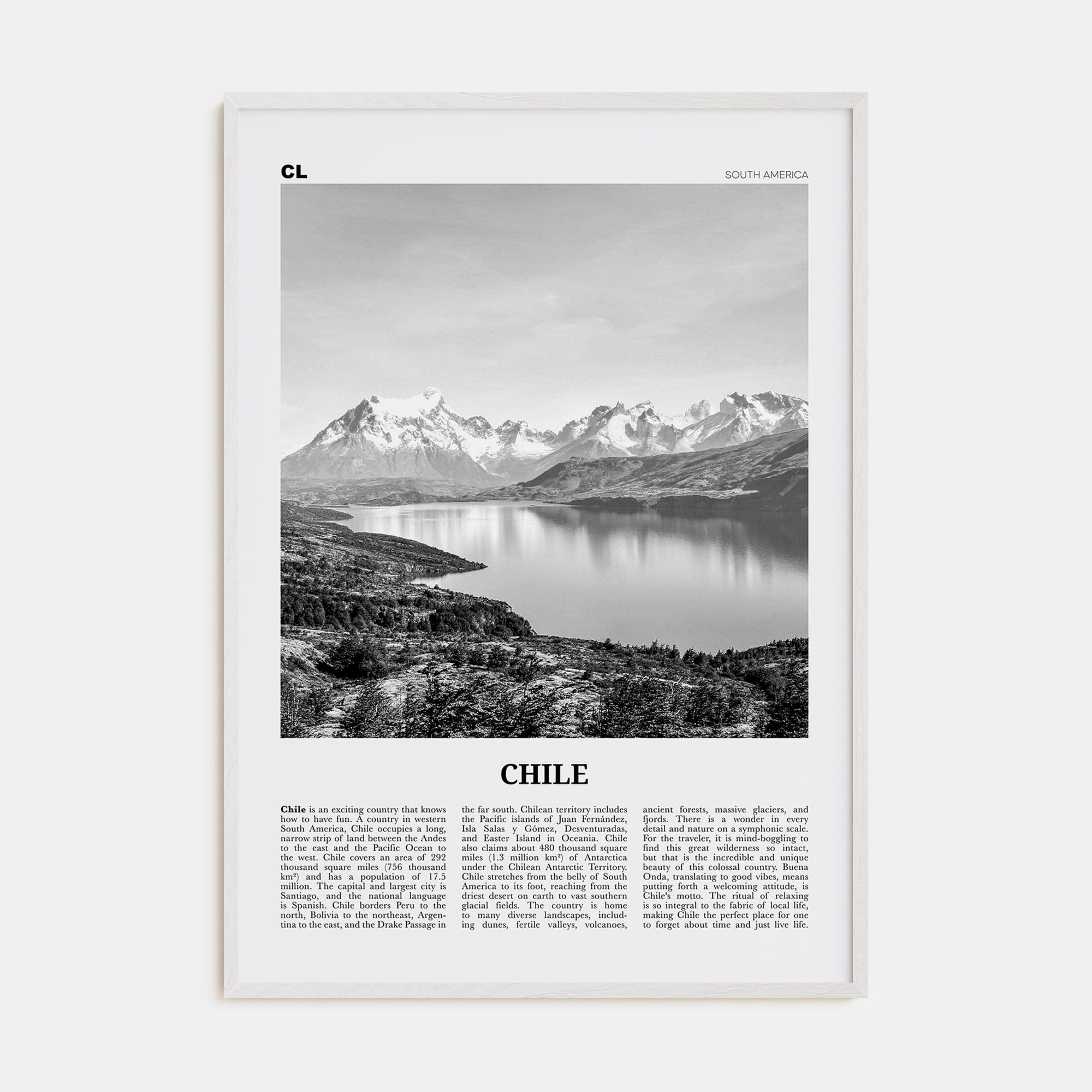 Chile No 1 Poster White Wood / 8x12 in Nbourhood Travel B&W Poster