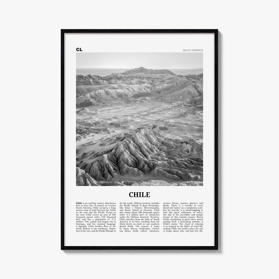 Chile no. 2 black & white newspaper poster of South America – vertical wall art, unframed print shown in interior mockup