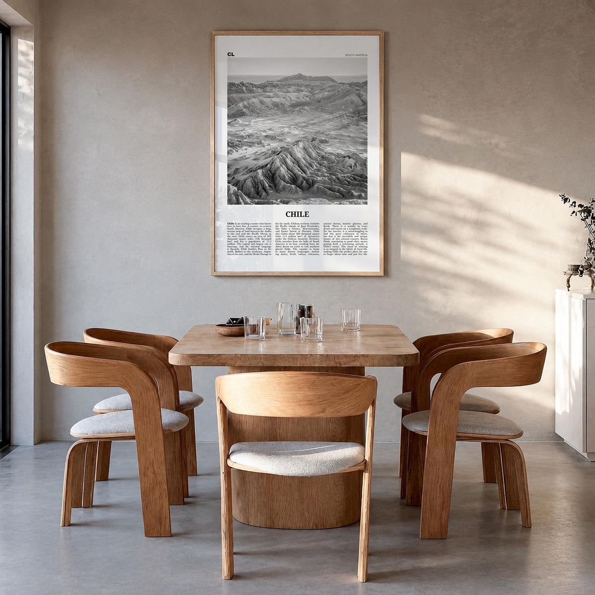 Chile no. 2 black & white newspaper poster of South America – vertical wall art in natural wood frame, hanging on wall