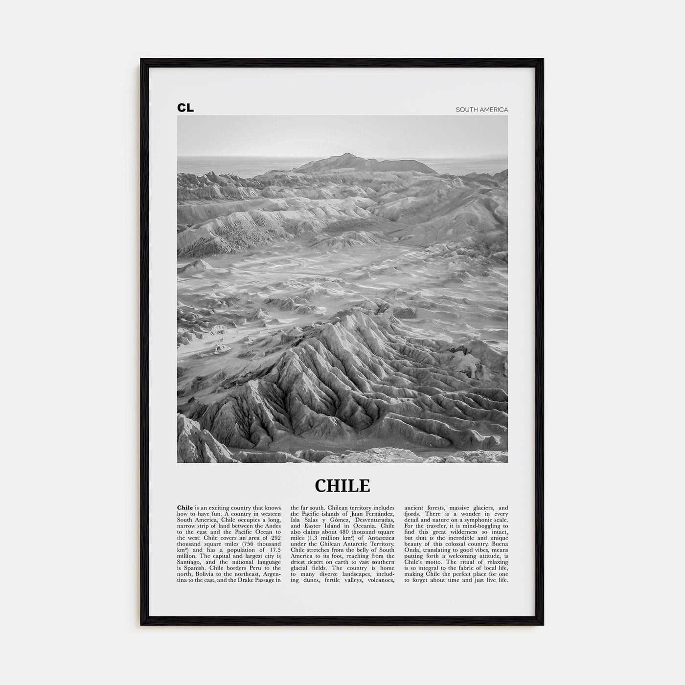 Chile No 2 Poster Black Wood / 8x12 in Nbourhood Travel B&W Poster