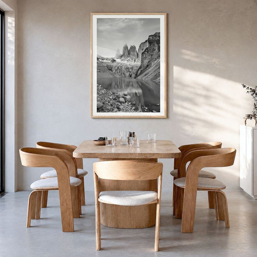 Chile Photo Poster in a natural wood frame, hanging in a dining room, white border