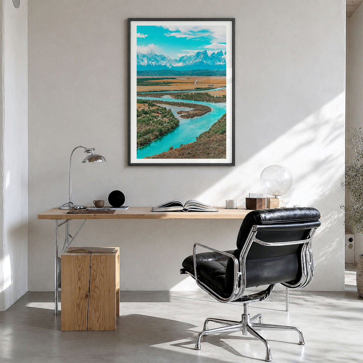 Chile Photo Poster in a black wood frame, hanging in a bright home office, white border