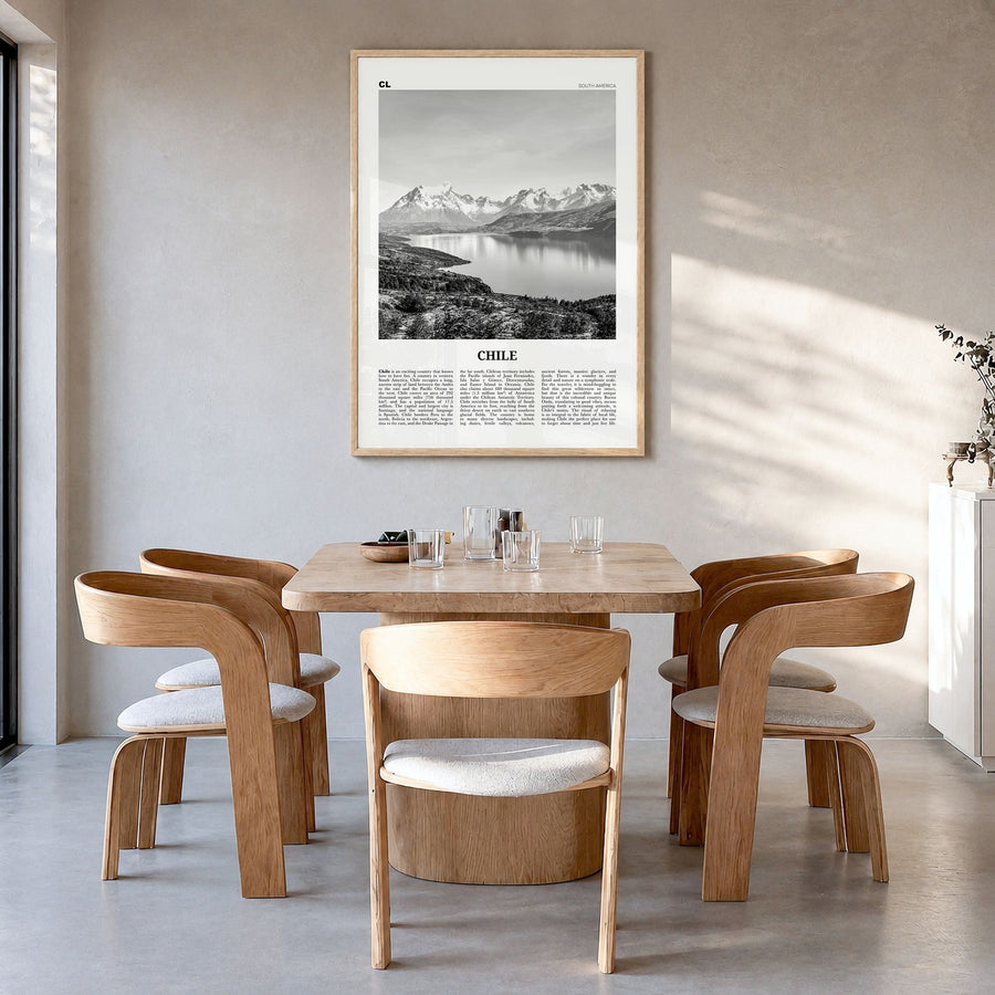 Chile Newspaper No 1 Poster in a natural wood frame, hanging in a dining room