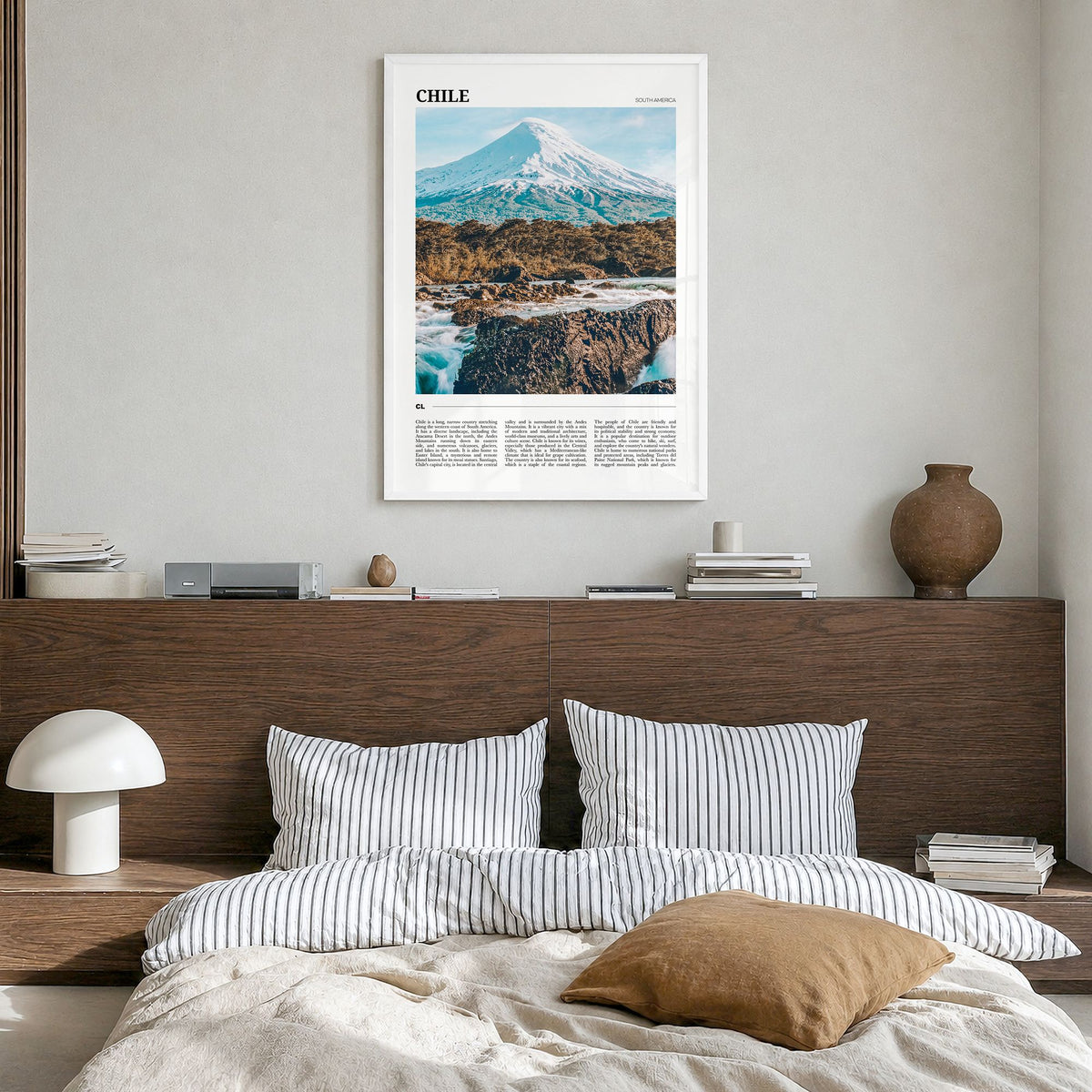 Chile Travel Poster in a white wood frame, hanging in a bedroom