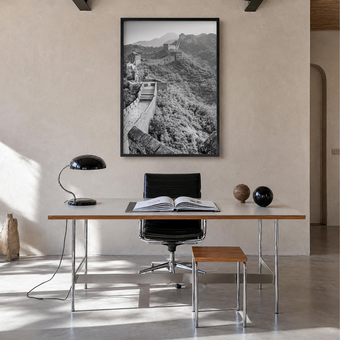 China black & white photo poster of Asia – vertical wall art in black wood frame, hanging on wall