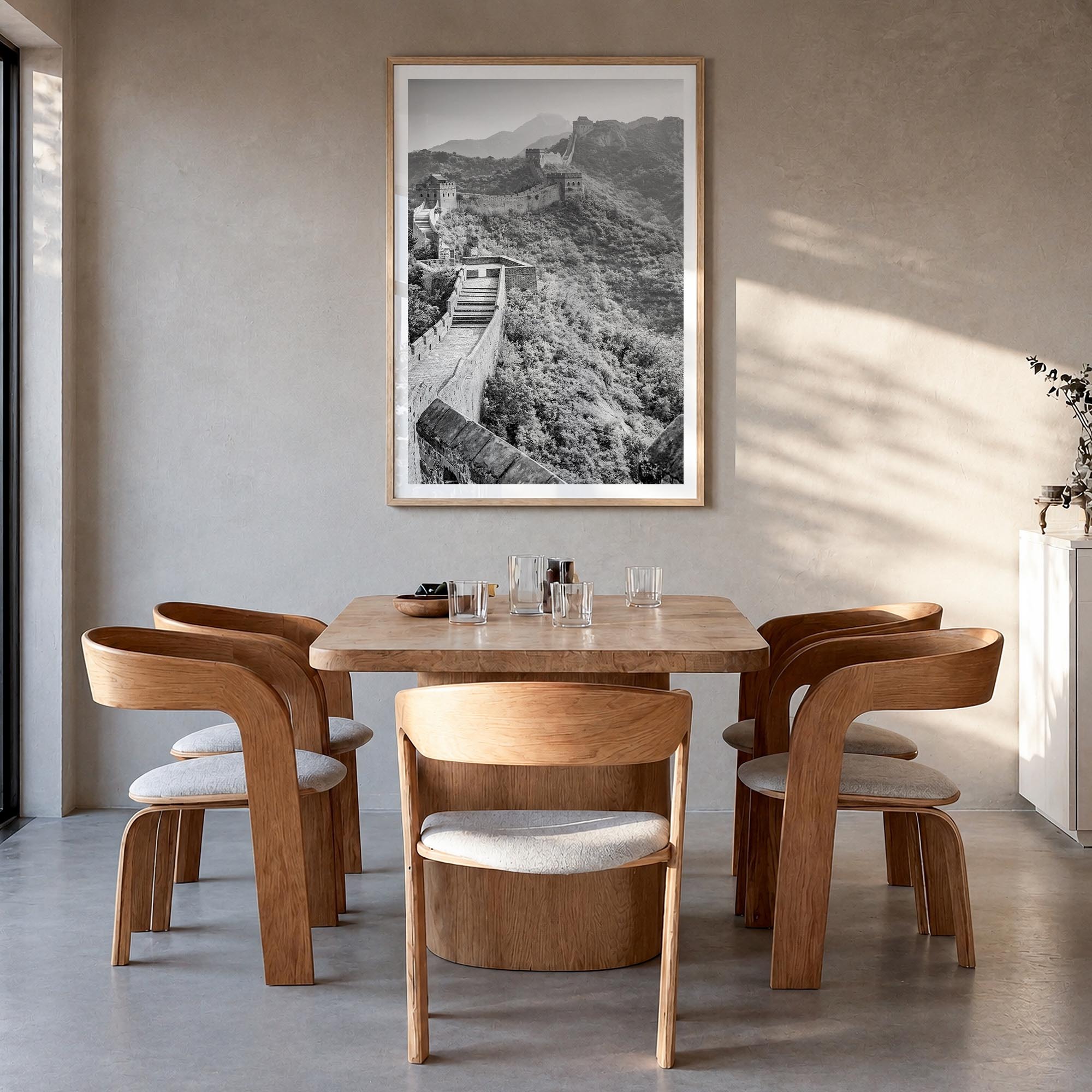 China black & white photo poster of Asia – vertical wall art in natural wood frame with white border, hanging on wall