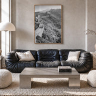 China black & white photo poster of Asia – vertical wall art in natural wood frame, hanging on wall
