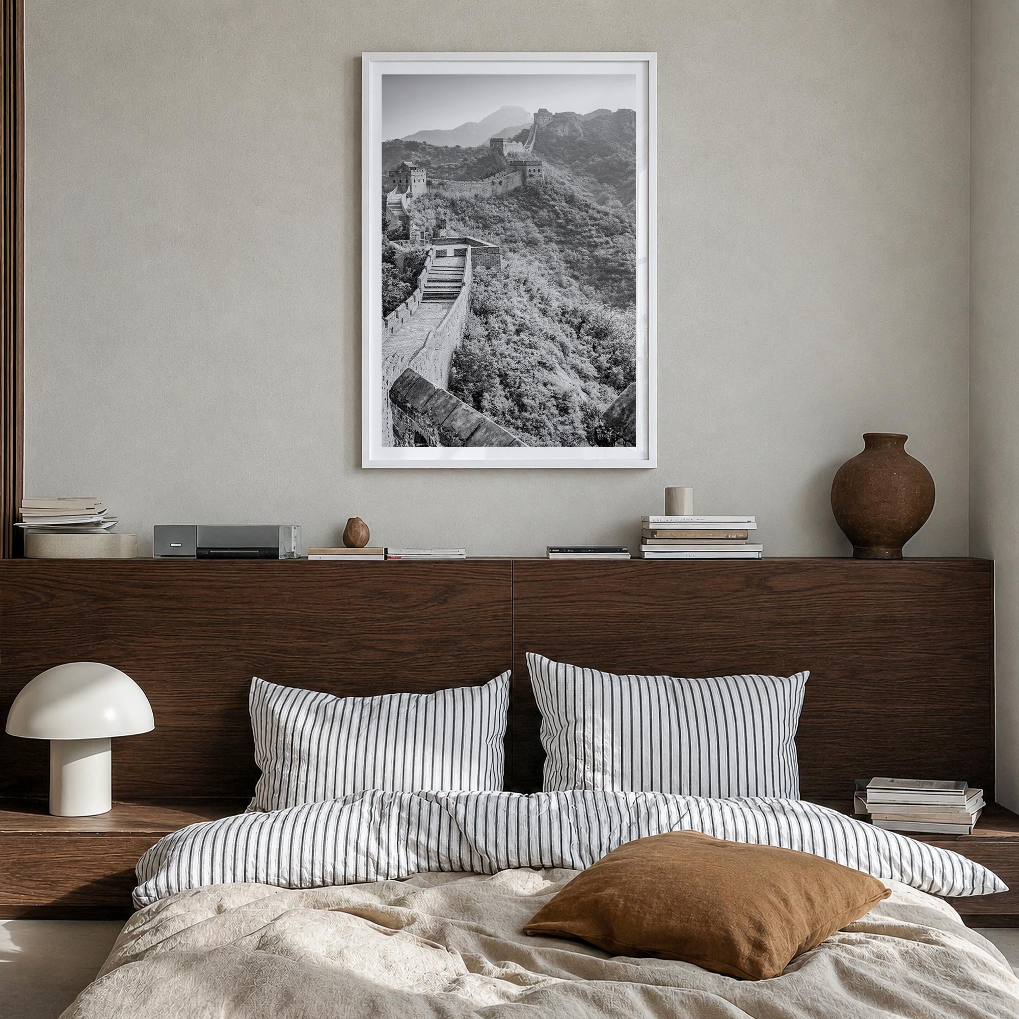 China black & white photo poster of Asia – vertical wall art in white wood frame with white border, hanging on wall