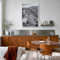 China black & white photo poster of Asia – vertical wall art in white wood frame, hanging on wall
