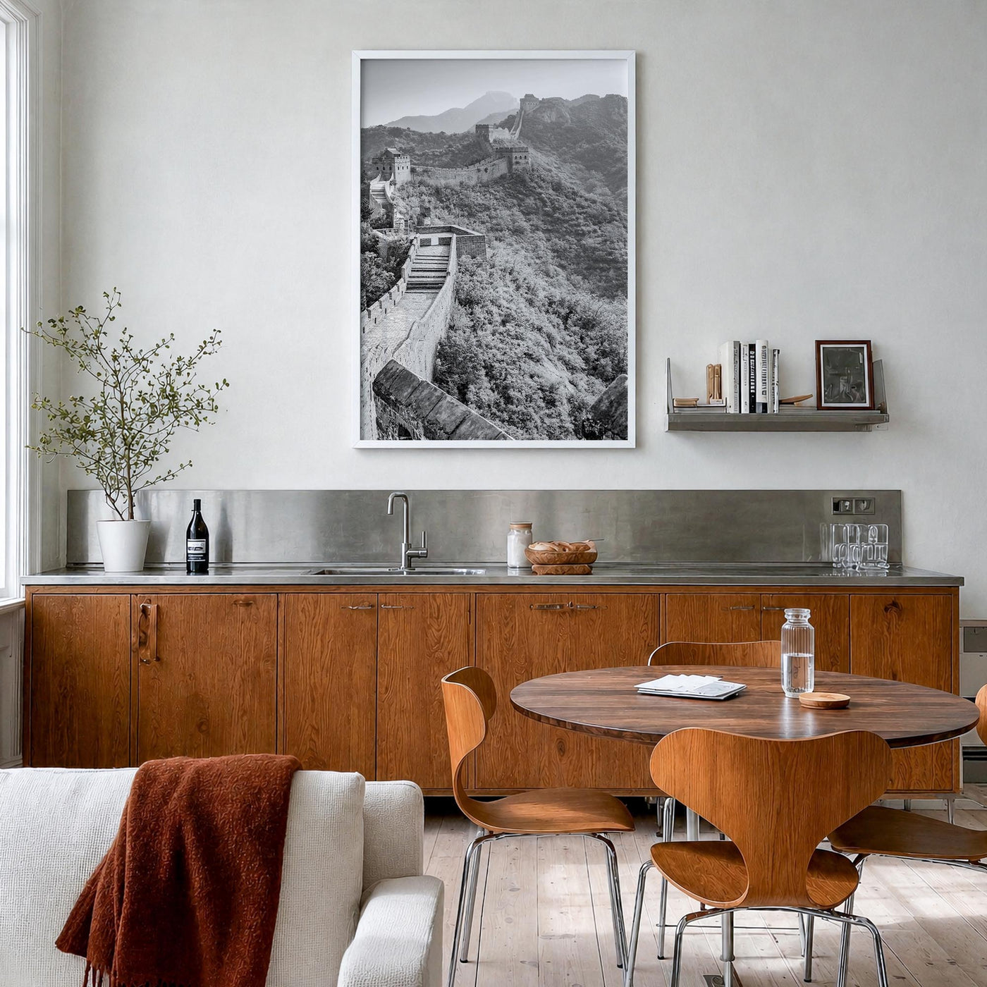 China black & white photo poster of Asia – vertical wall art in white wood frame, hanging on wall