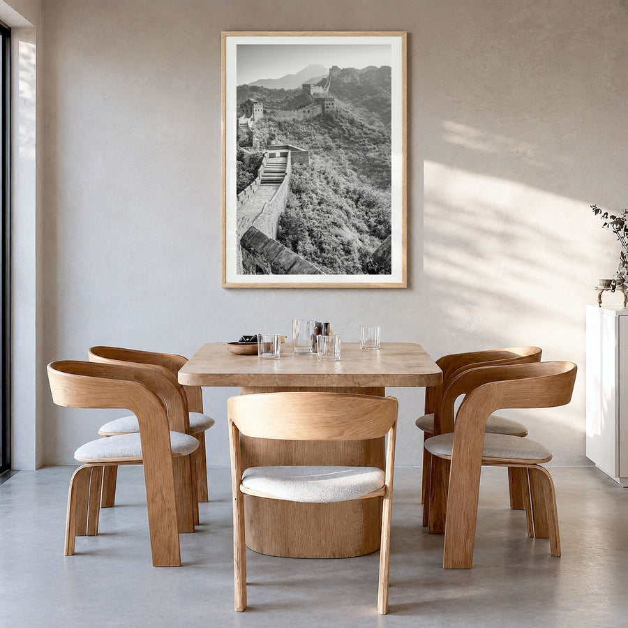 China Photo Poster in a natural wood frame, hanging in a dining room, white border