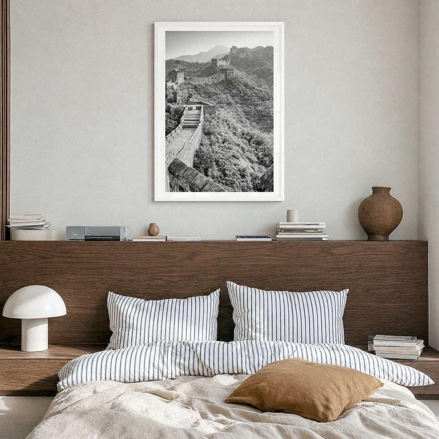 China Photo Poster in a white wood frame, hanging in a bedroom, white border