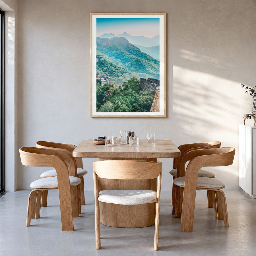China Photo Poster in a natural wood frame, hanging in a dining room, white border