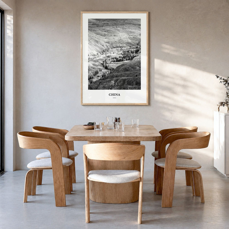 China Classic No 1 Poster in a natural wood frame, hanging in a dining room