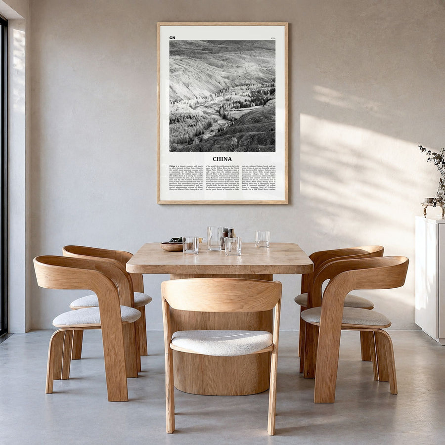 China Newspaper No 2 Poster in a natural wood frame, hanging in a dining room