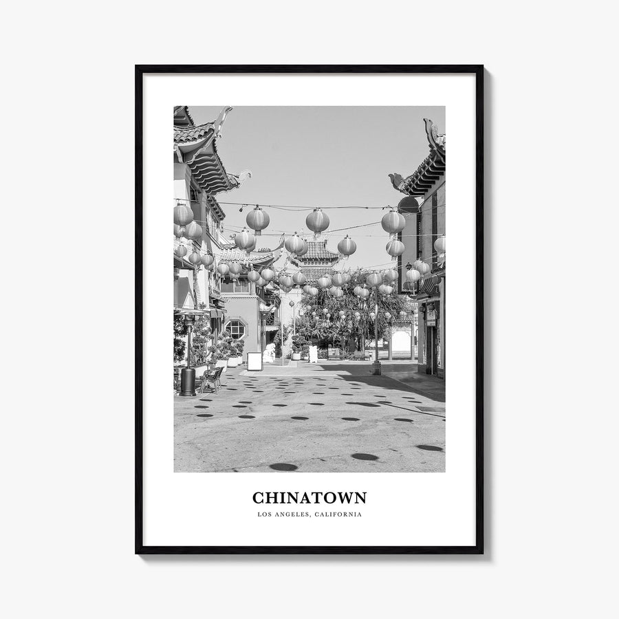 Chinatown, Los Angeles black & white classic poster of California, USA – vertical wall art, unframed print shown in interior 