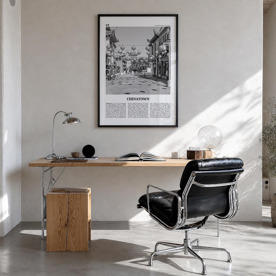 Chinatown, Los Angeles black & white newspaper poster of California, USA – vertical wall art in black wood frame, hanging on 