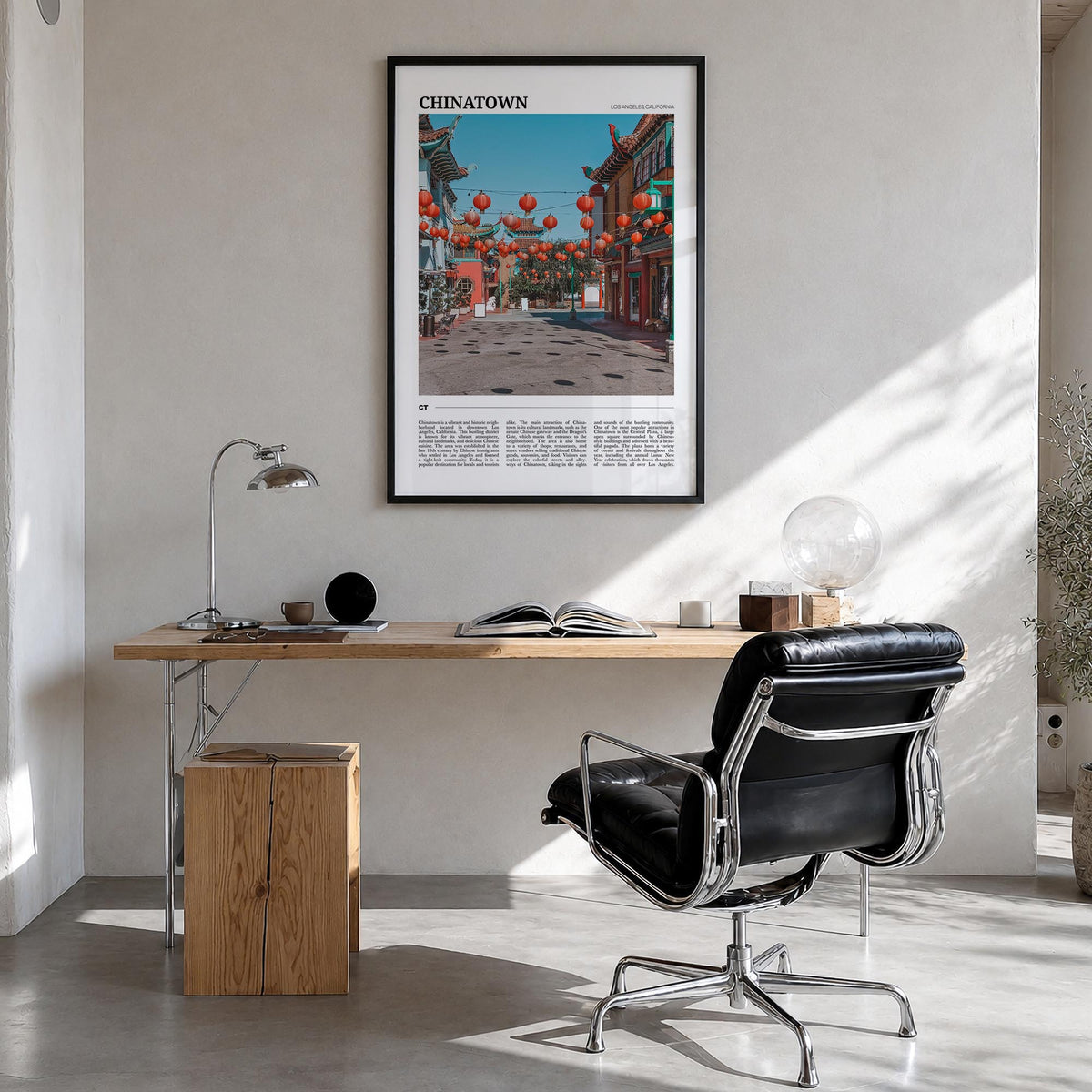 Chinatown, Los Angeles colorful travel poster of California, USA – vertical wall art in black wood frame, hanging on wall