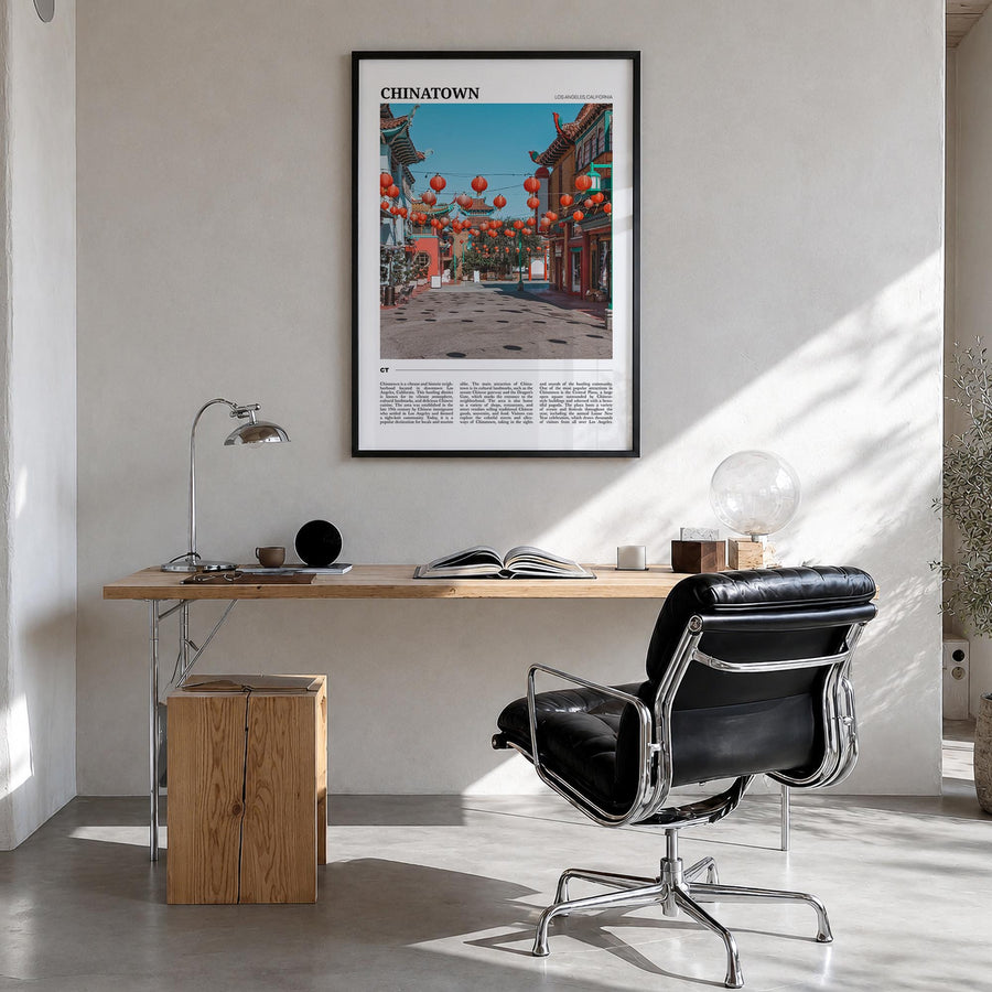 Chinatown, Los Angeles colorful travel poster of California, USA – vertical wall art in black wood frame, hanging on wall