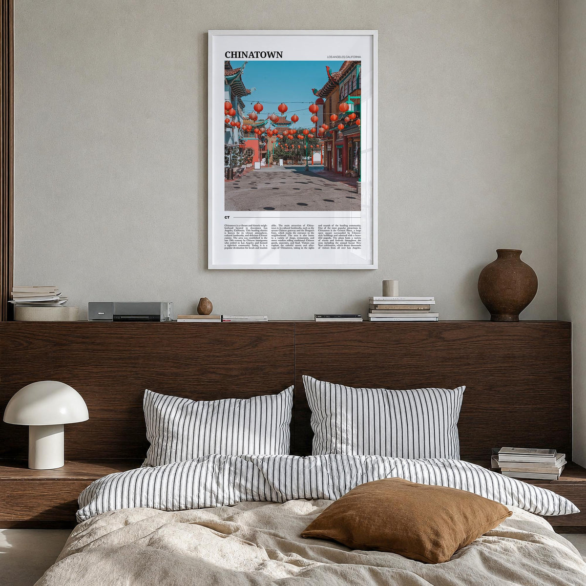 Chinatown, Los Angeles colorful travel poster of California, USA – vertical wall art in white wood frame, hanging on wall