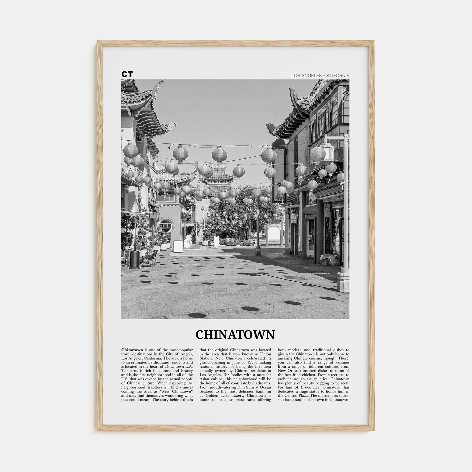 Chinatown, Los Angeles Poster Natural Wood / 8x12 in Nbourhood Travel B&W Poster