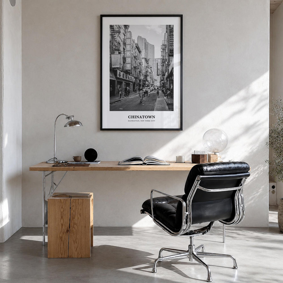 Chinatown, New York City black & white classic poster of New York, USA – vertical wall art in black wood frame, hanging on wa