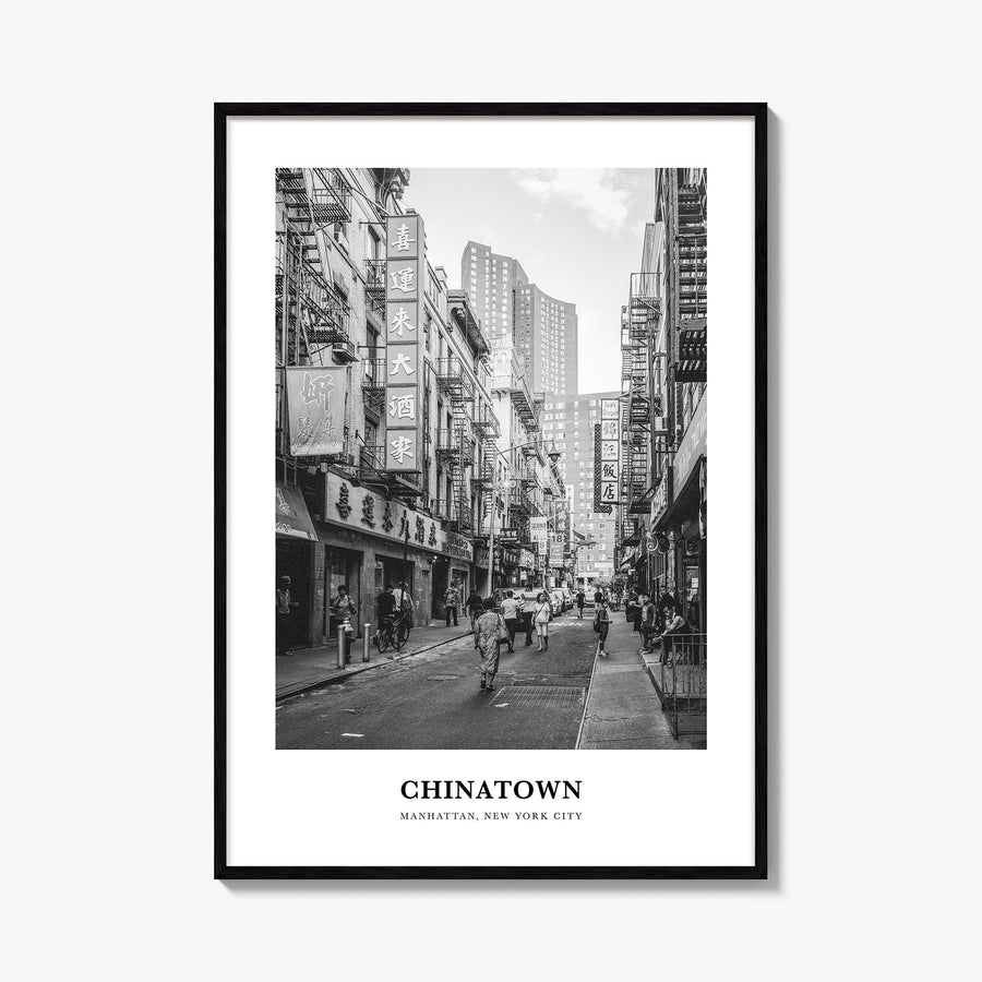 Chinatown, New York City black & white classic poster of New York, USA – vertical wall art, unframed print shown in interior 
