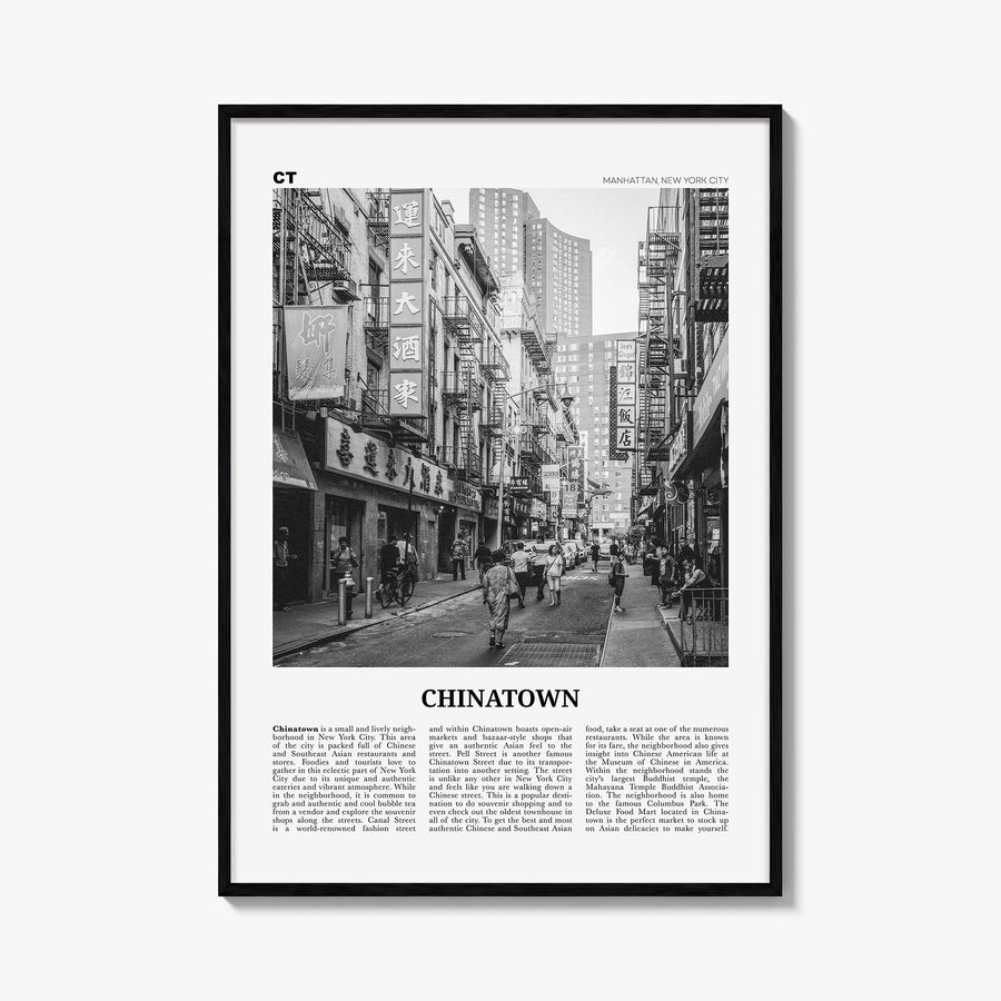 Chinatown, New York City black & white newspaper poster of New York, USA – vertical wall art, unframed print shown in interio