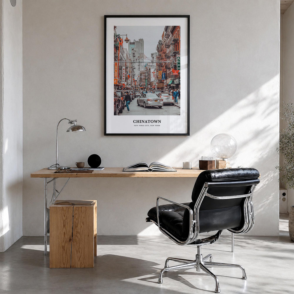 Chinatown, New York City colorful classic poster of New York, USA – vertical wall art in black wood frame, hanging on wall