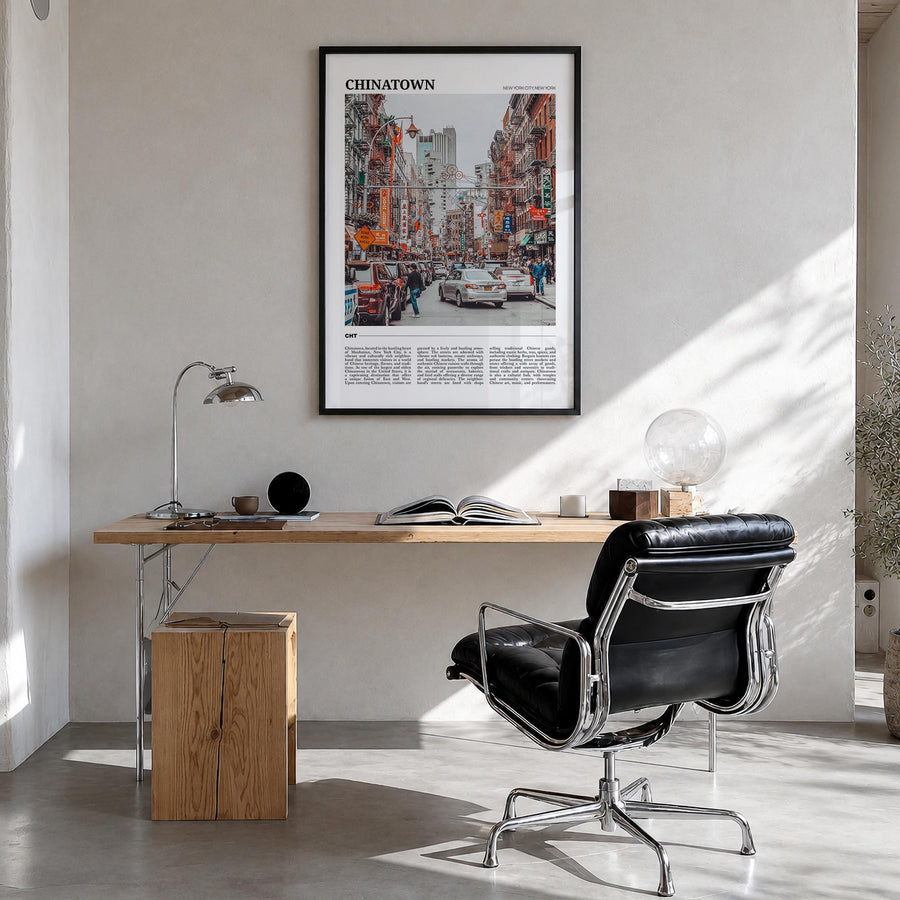 Chinatown, New York City colorful travel poster of New York, USA – vertical wall art in black wood frame, hanging on wall