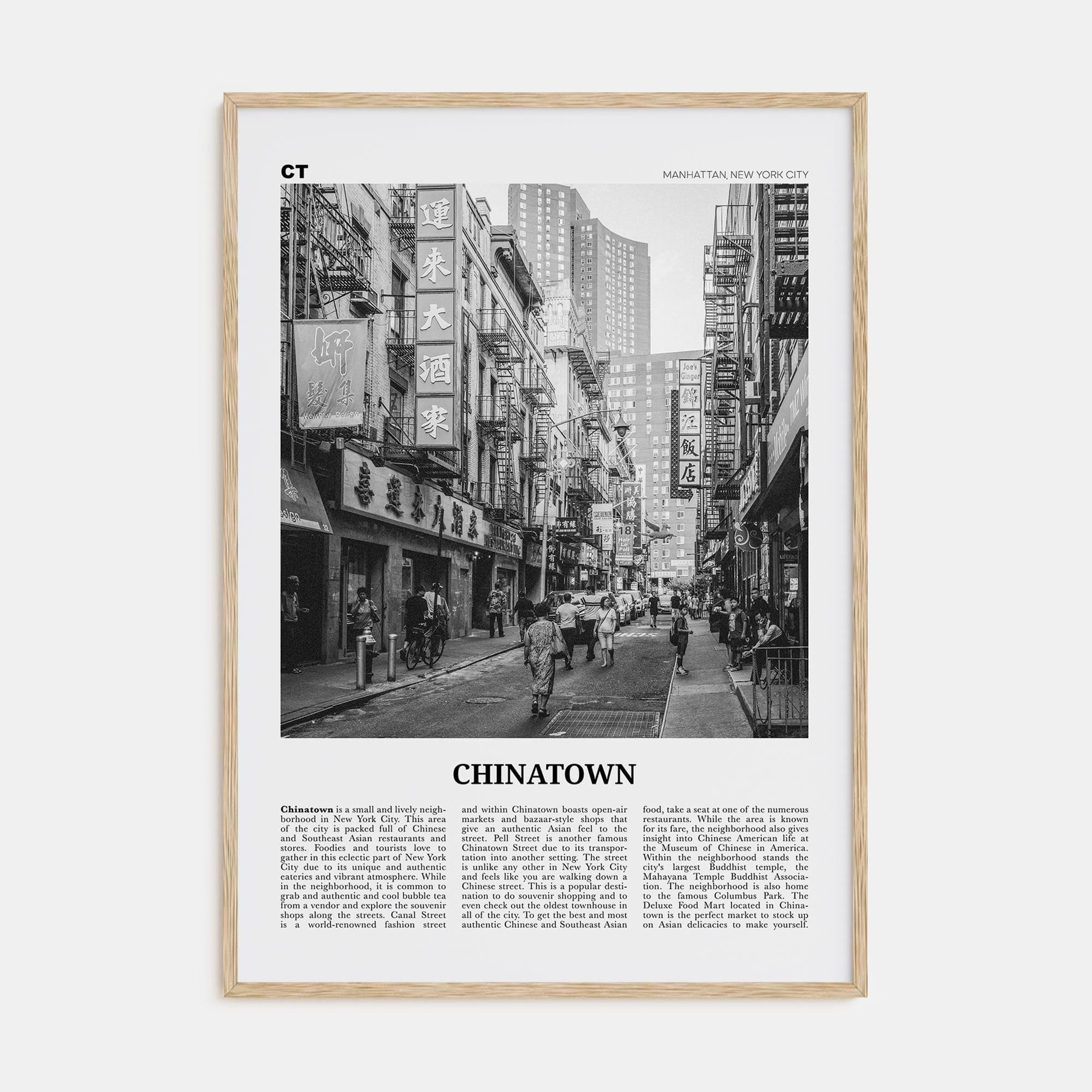 Chinatown, New York City Poster Natural Wood / 8x12 in Nbourhood Travel B&W Poster