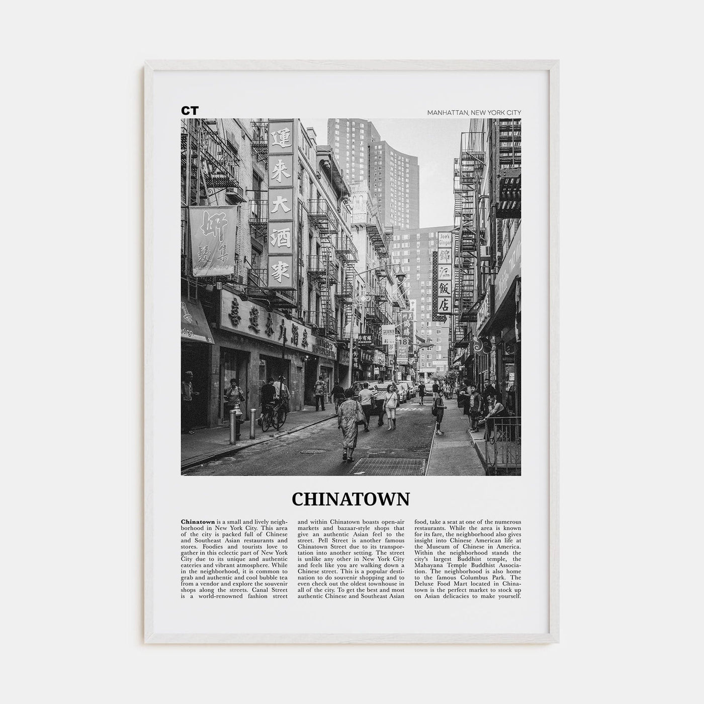 Chinatown, New York City Poster White Wood / 8x12 in Nbourhood Travel B&W Poster