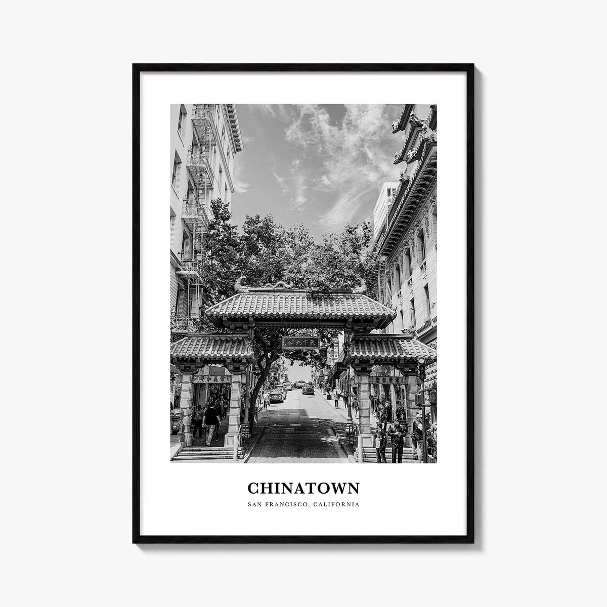 Chinatown, San Francisco black & white classic poster of California, USA – vertical wall art, unframed print shown in interio