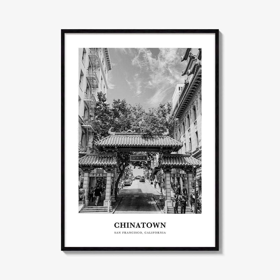Chinatown, San Francisco black & white classic poster of California, USA – vertical wall art, unframed print shown in interio