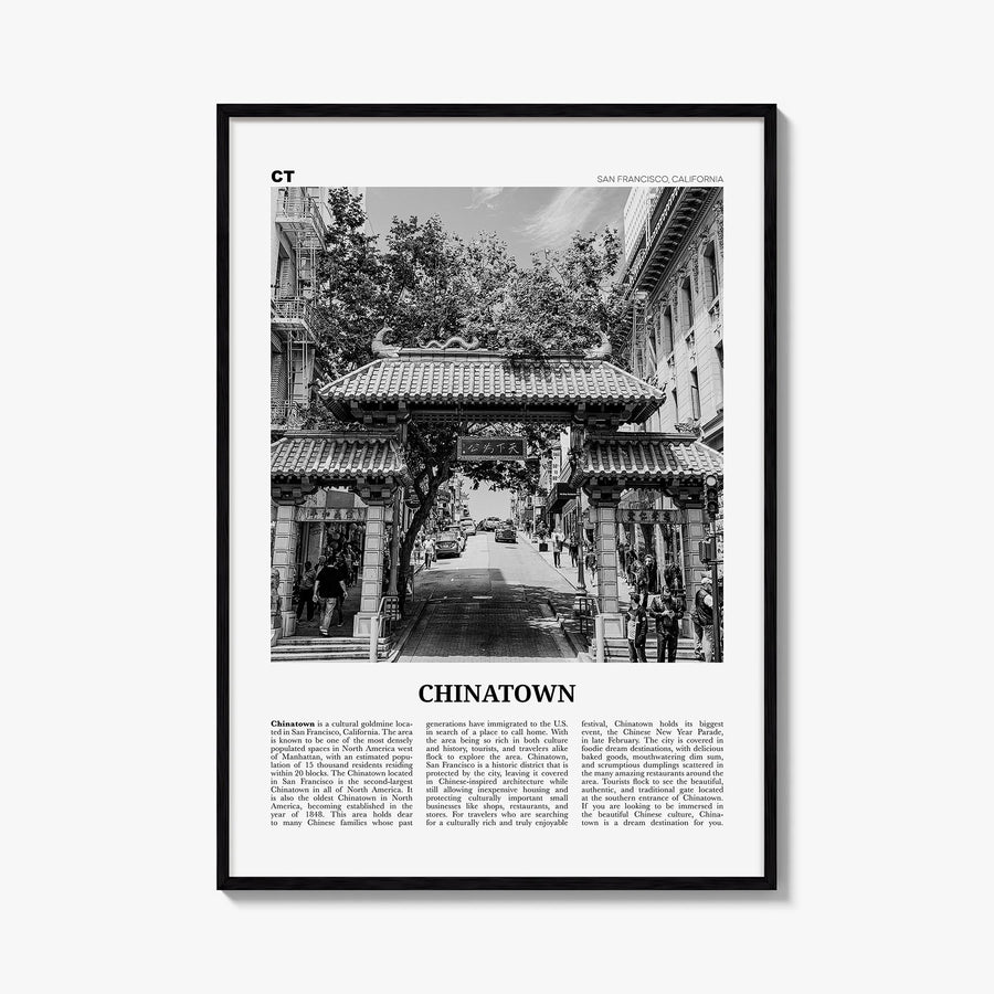 Chinatown, San Francisco black & white newspaper poster of California, USA – vertical wall art, unframed print shown in inter