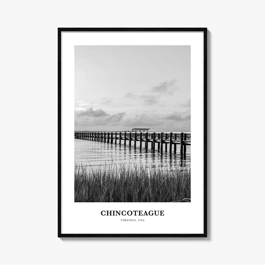 Chincoteague black & white classic poster of Virginia, USA – vertical wall art, unframed print shown in interior mockup