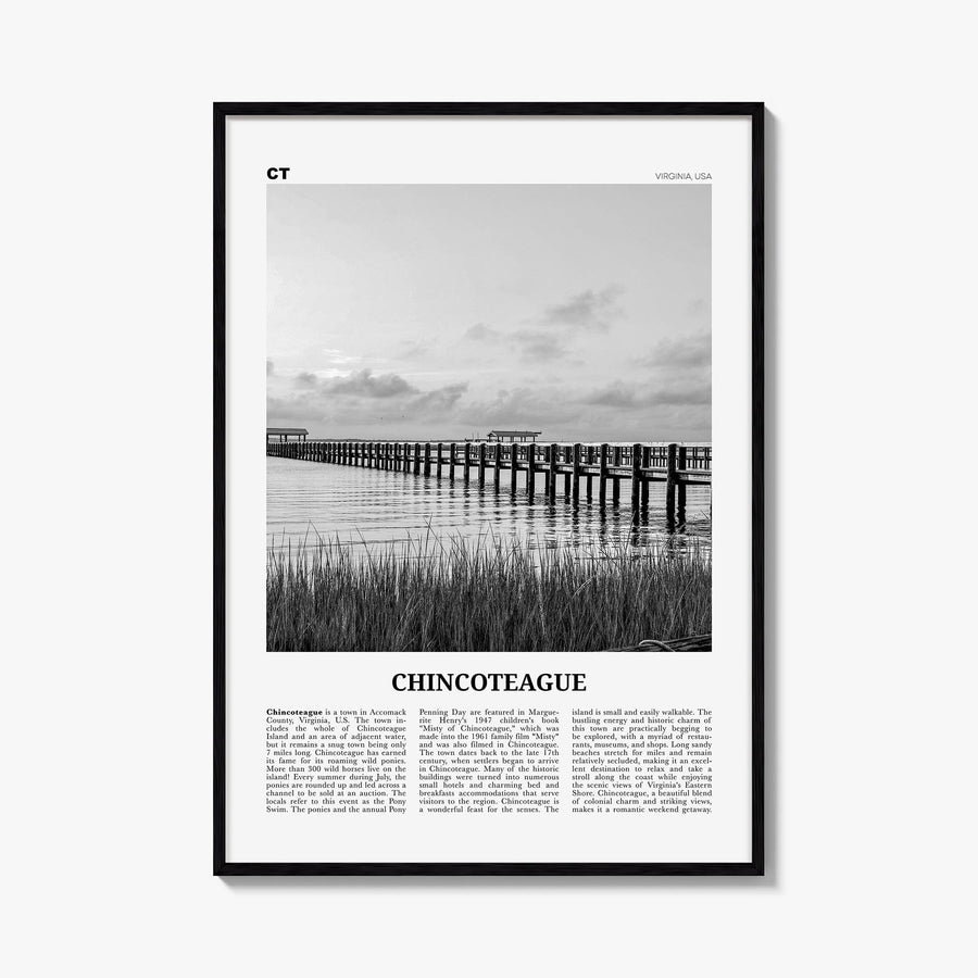 Chincoteague black & white newspaper poster of Virginia, USA – vertical wall art, unframed print shown in interior mockup