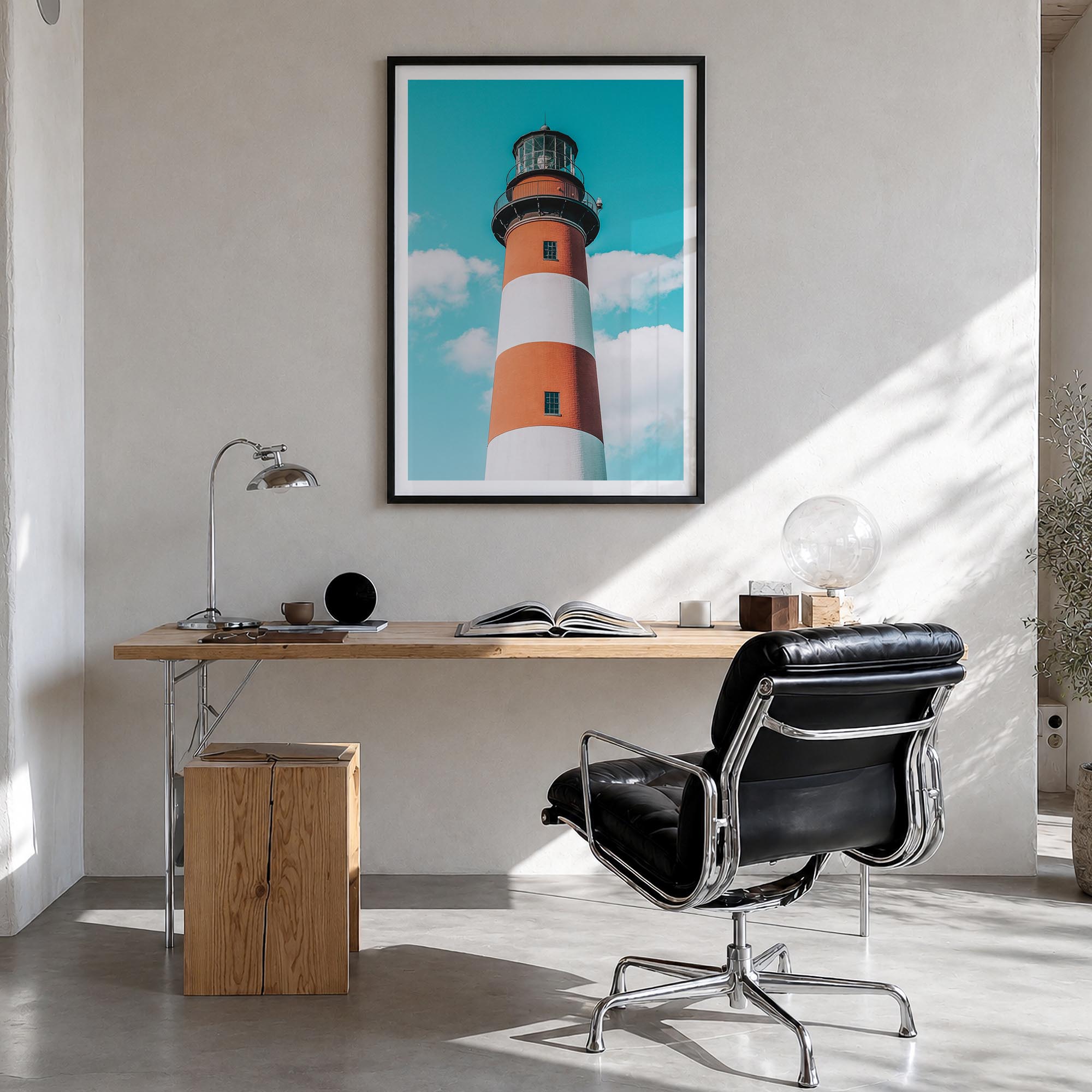 Chincoteague colorful photo poster of Virginia, USA – vertical wall art in black wood frame with white border, hanging on wal