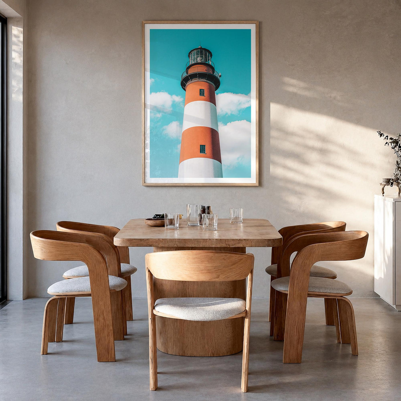 Chincoteague colorful photo poster of Virginia, USA – vertical wall art in natural wood frame with white border, hanging on w