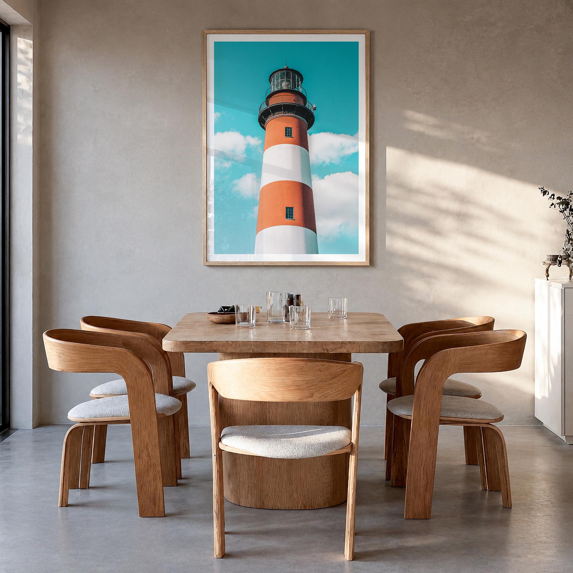 Chincoteague colorful photo poster of Virginia, USA – vertical wall art in natural wood frame with white border, hanging on w