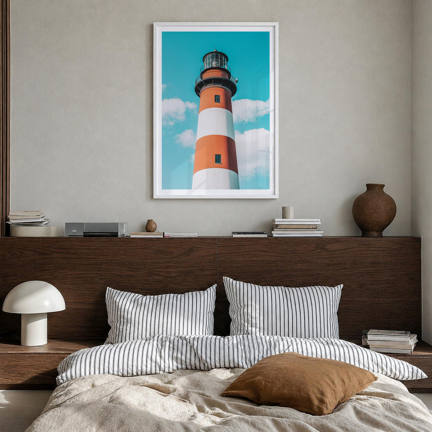 Chincoteague colorful photo poster of Virginia, USA – vertical wall art in white wood frame with white border, hanging on wal