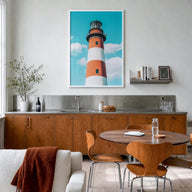 Chincoteague colorful photo poster of Virginia, USA – vertical wall art in white wood frame, hanging on wall