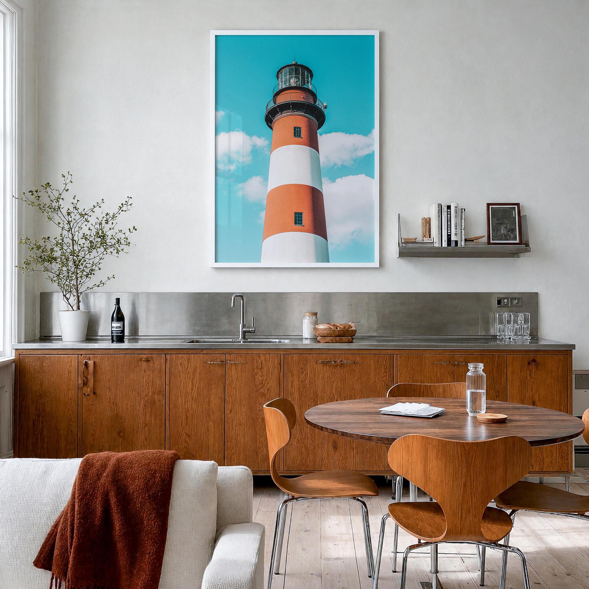 Chincoteague colorful photo poster of Virginia, USA – vertical wall art in white wood frame, hanging on wall