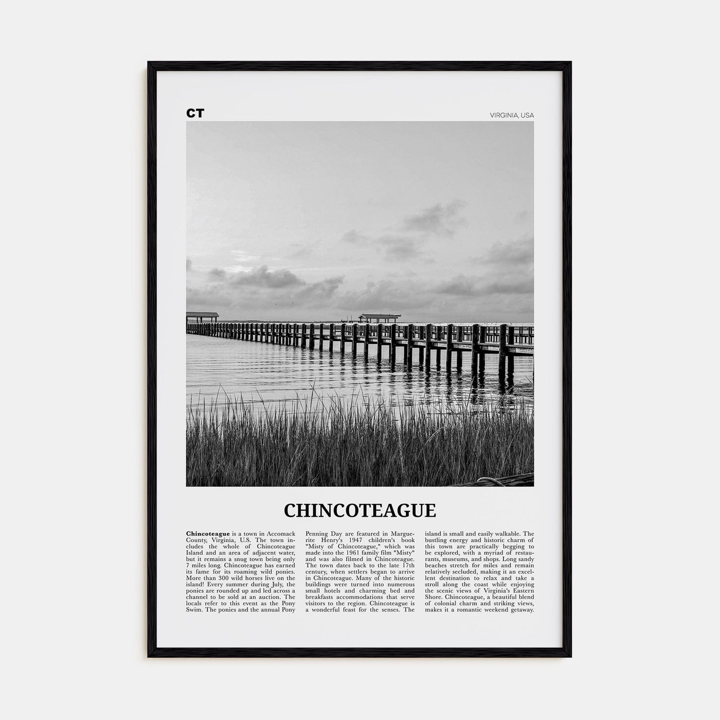 Chincoteague Poster Black Wood / 8x12 in Nbourhood Travel B&W Poster