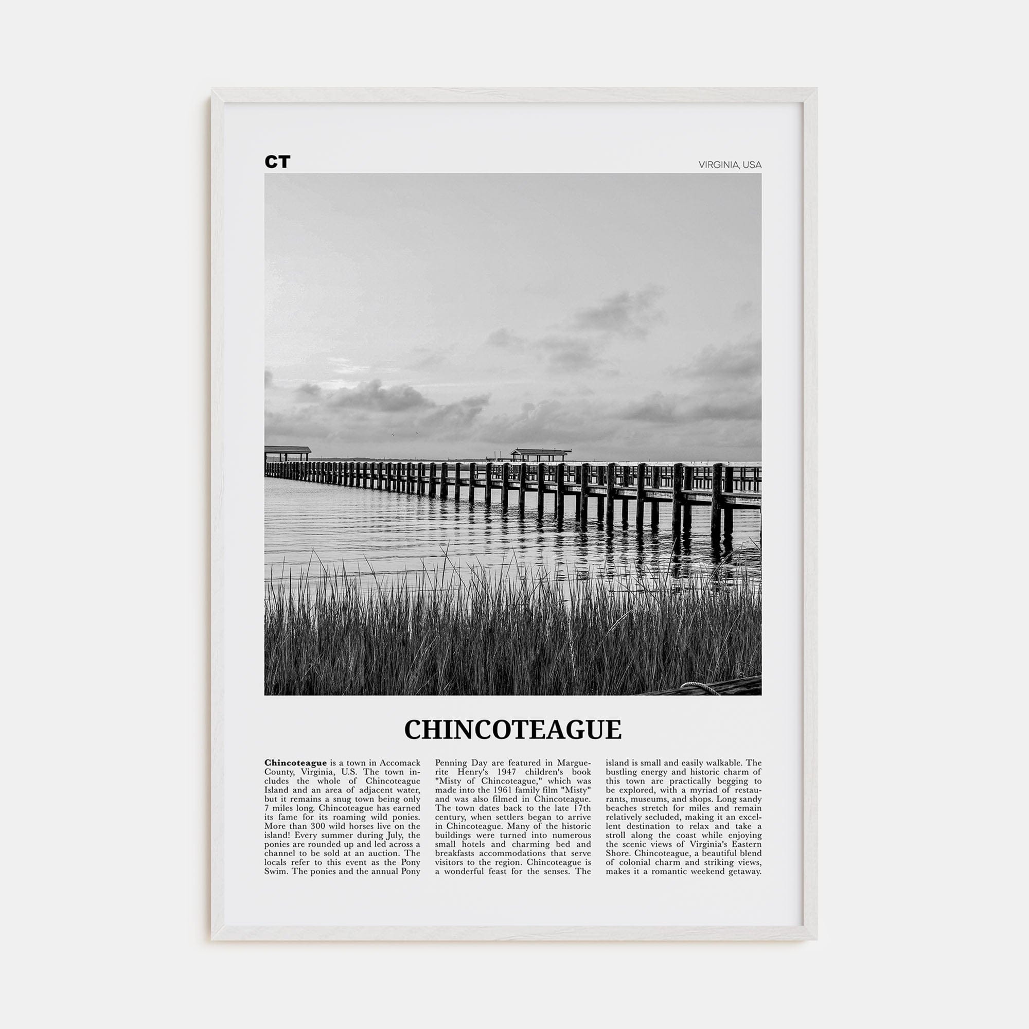 Chincoteague Poster White Wood / 8x12 in Nbourhood Travel B&W Poster