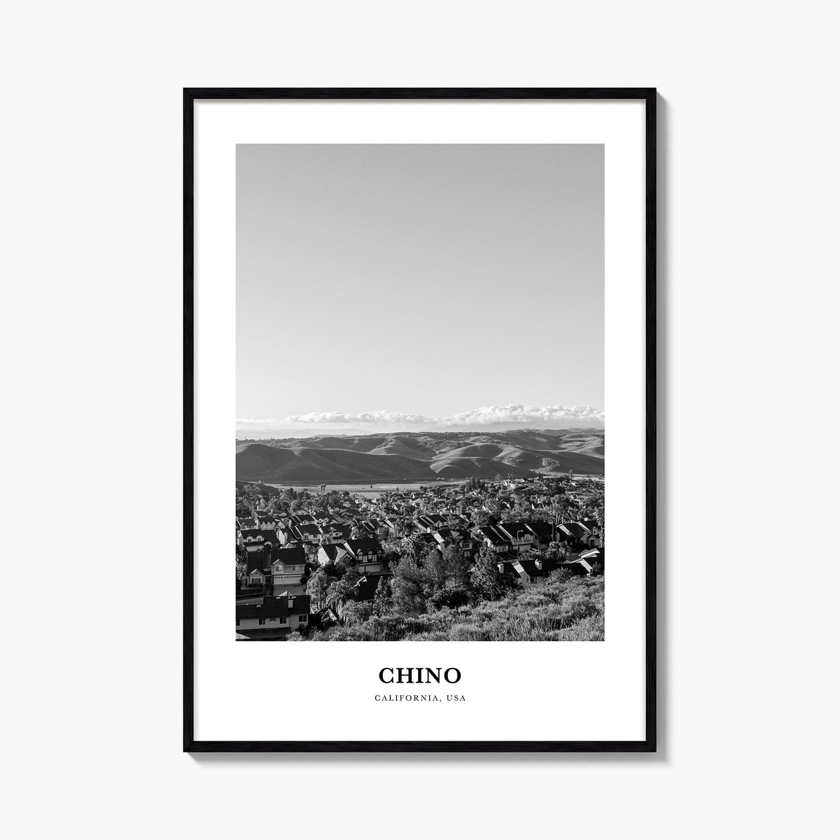 Chino black & white classic poster of California, USA – vertical wall art, unframed print shown in interior mockup