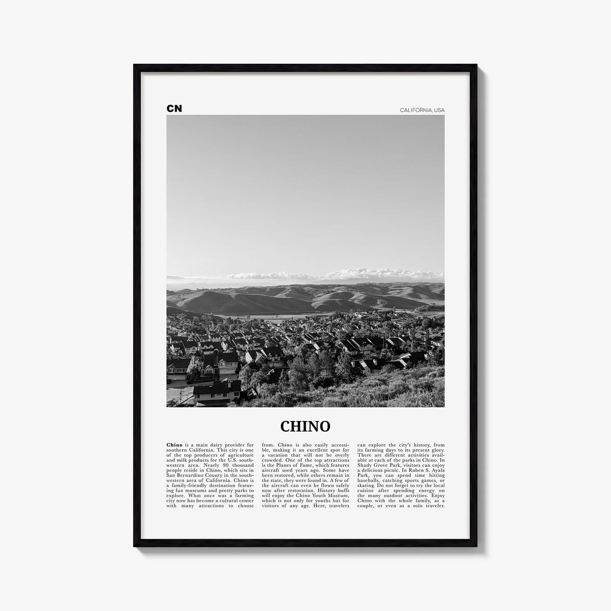 Chino black & white newspaper poster of California, USA – vertical wall art, unframed print shown in interior mockup