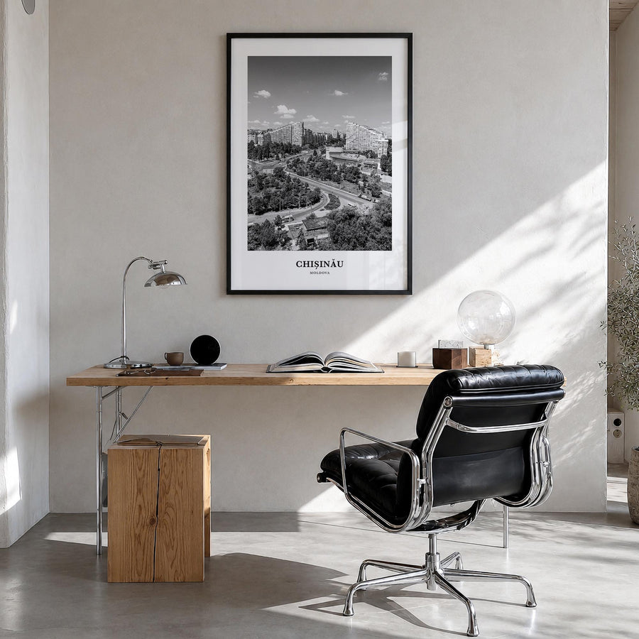 Chișinău black & white classic poster of Moldova – vertical wall art in black wood frame, hanging on wall