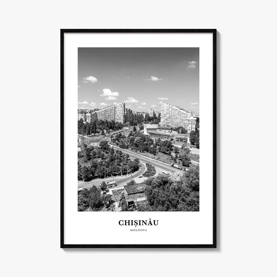 Chișinău black & white classic poster of Moldova – vertical wall art, unframed print shown in interior mockup
