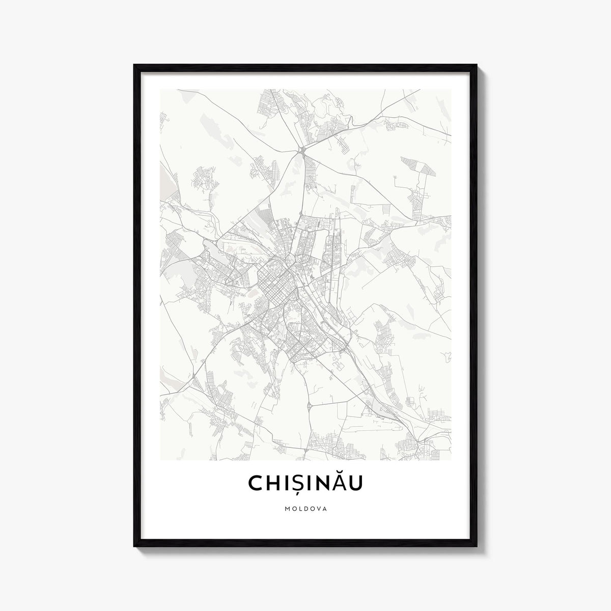 Chișinău black & white map poster of Moldova – vertical wall art, unframed print shown in interior mockup